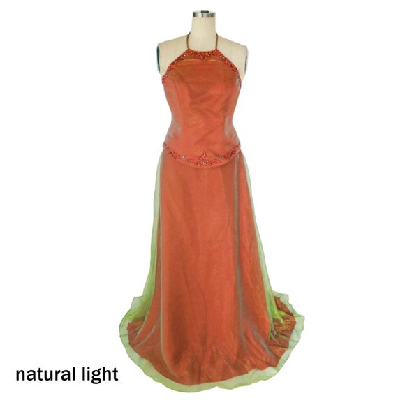 00s Halter Neck Mesh Overlay Top and Skirt Set Prom Gown - Picture 3 of 6